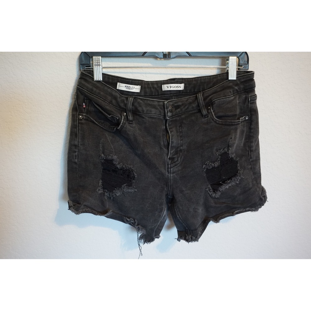 Vigoss Marley Black Distressed Denim Shorts Frayed Raw‎ Hem Size 27